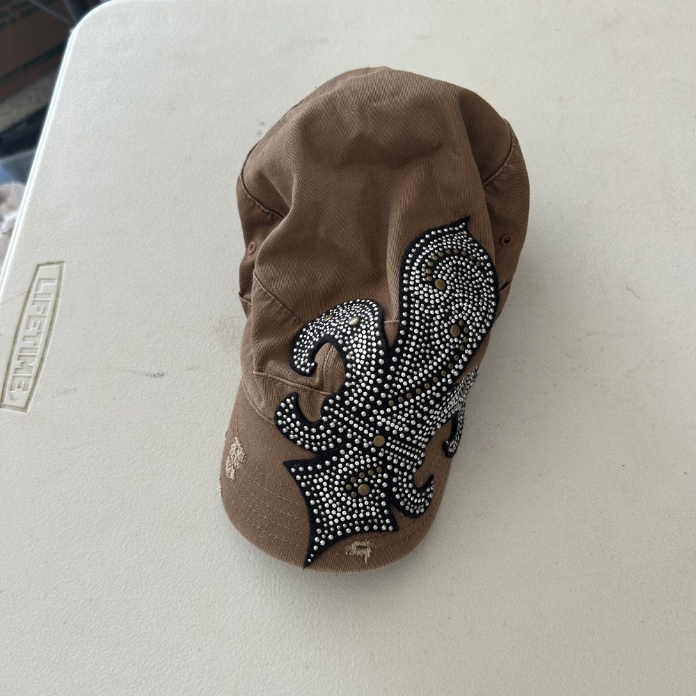 Mens Brown Rhinestone Fleur De Lis Cadet Hat Distressed Military Cap OSFM